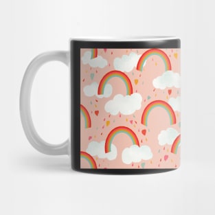 Clouds, rainbows and love hearts on a pink background Mug